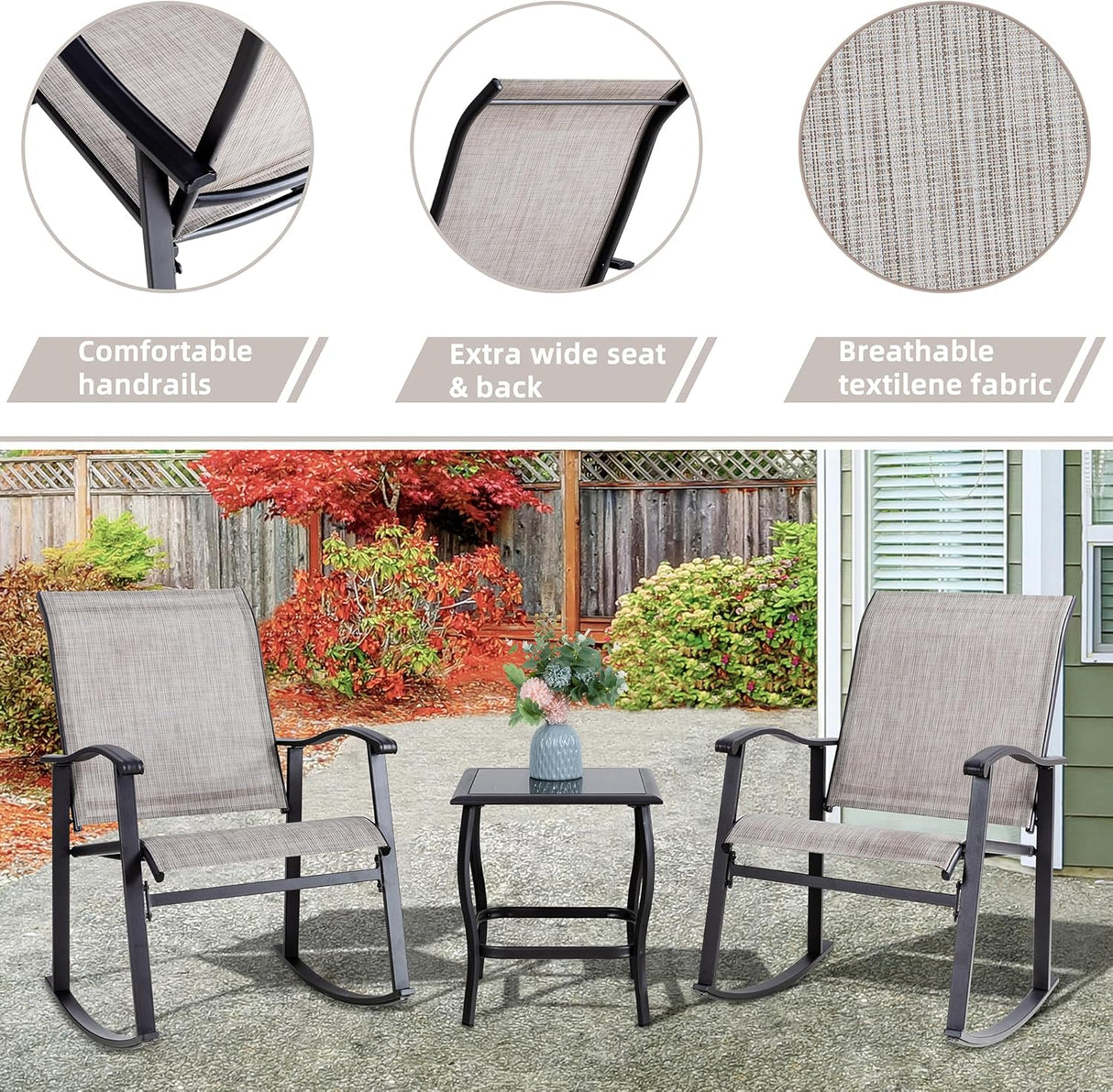 Vongrasig Juego de 3 piezas de muebles de patio pequeños de tela textileno, juego de muebles de patio pequeños, juego de conversación con mesa de vidrio para césped, jardín, balcón, junto a la piscina (pardo)