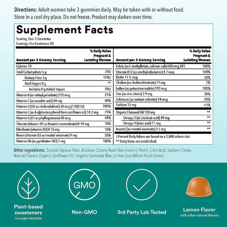 Suplemento Vitaminas prenatales gomitas sin azúcar C D3 zinc