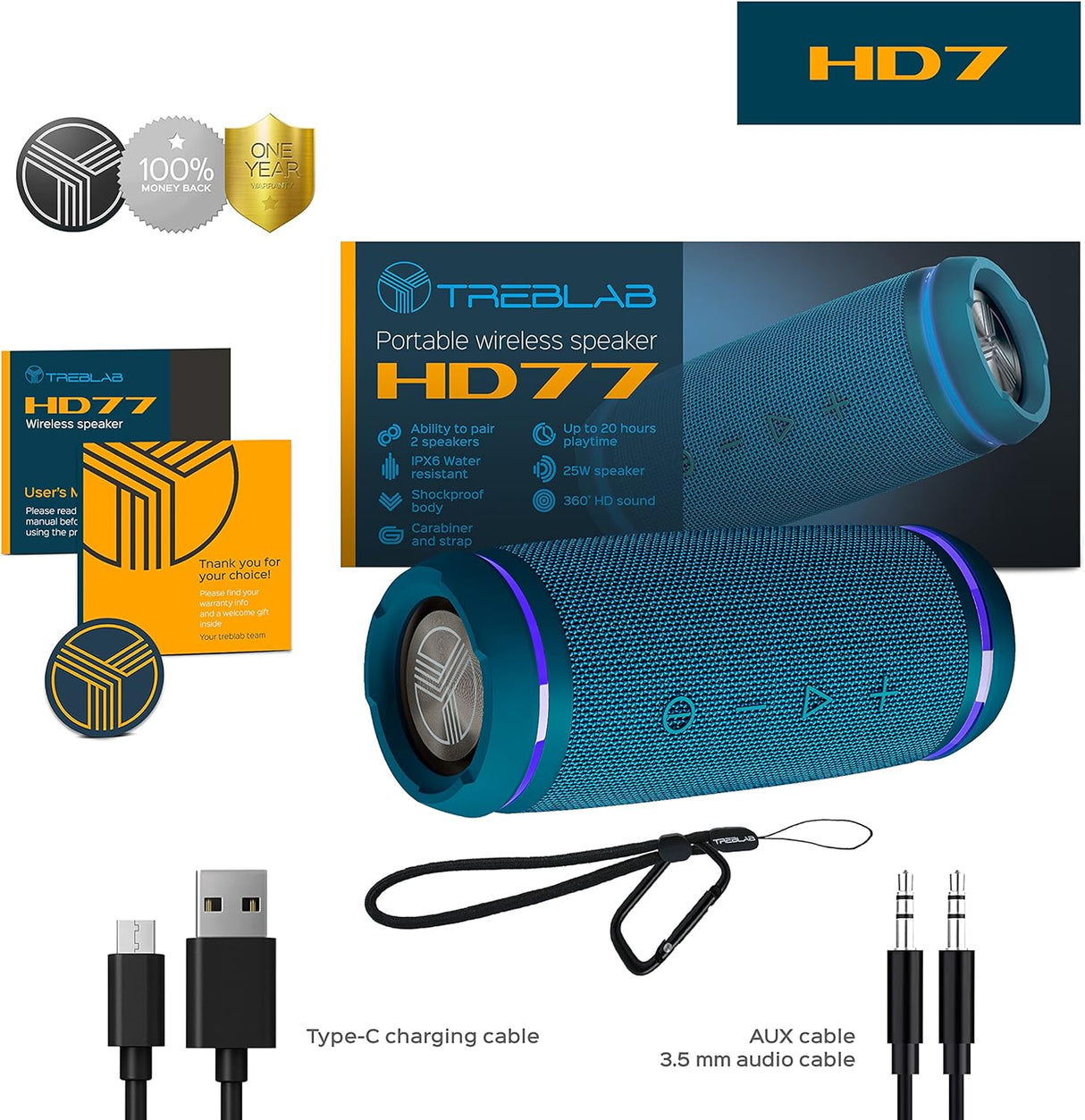 Altavoz portátil Bluetooth - Sonido envolvente HD de 360°