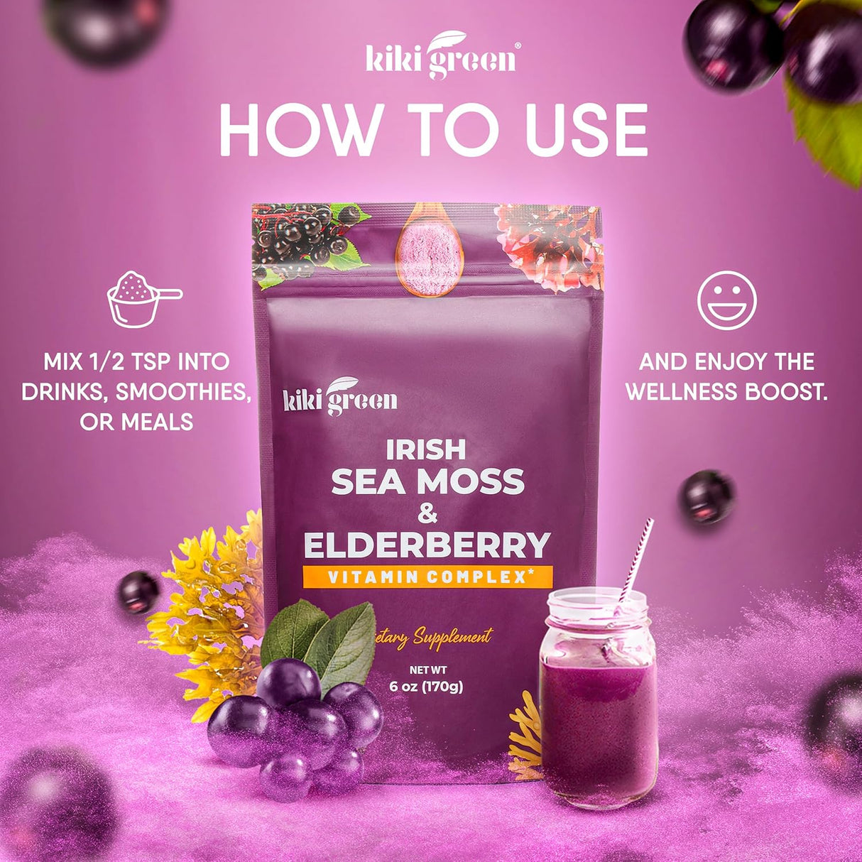 KIKI Green Sea Moss Powder con Elderberry - Suplemento Vegano 6 oz