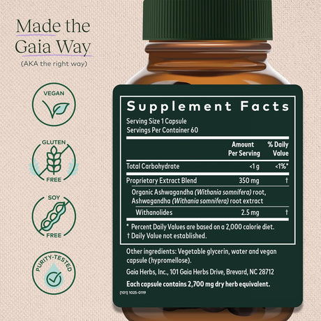 Cápsulas de Ashwagandha, Gaia Herbs, 60 Cápsulas, Energía y Ánimo