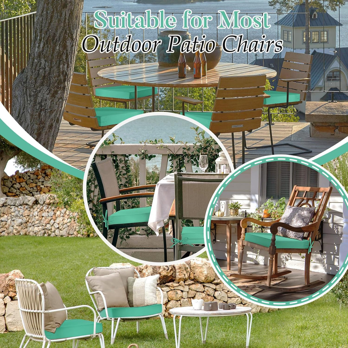 Basic Beyond Cojines para sillas de exterior para muebles de patio, impermeables, juego de 4 cojines de asiento de exterior de 19 x 19 pulgadas, cojines para sillas de patio con lazos y asa, turquesa