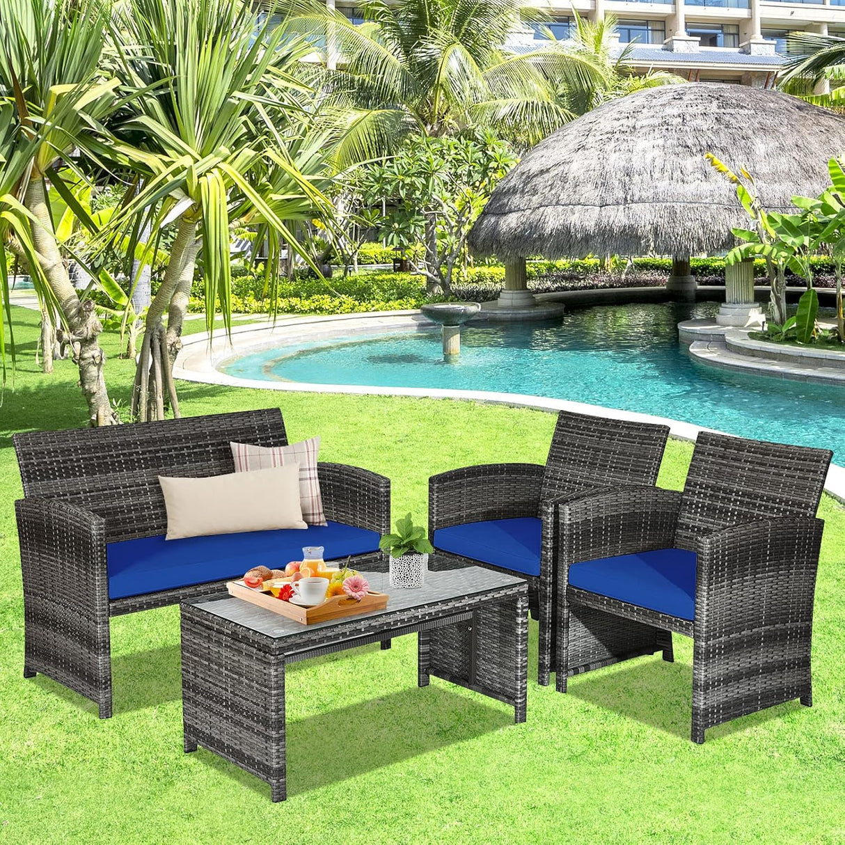 Goplus Juego de muebles de ratán de 4 piezas, sofá de conversación de mimbre para exteriores con cojines resistentes a la intemperie y mesa de vidrio templado para césped, patio, piscina, jardín (azul)