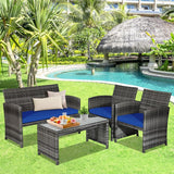 Goplus Juego de muebles de ratán de 4 piezas, sofá de conversación de mimbre para exteriores con cojines resistentes a la intemperie y mesa de vidrio templado para césped, patio, piscina, jardín (azul)