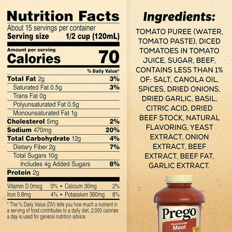 Prego Salsa italiana de pasta de tomate aromatizada con carne, tarro de 67 onzas