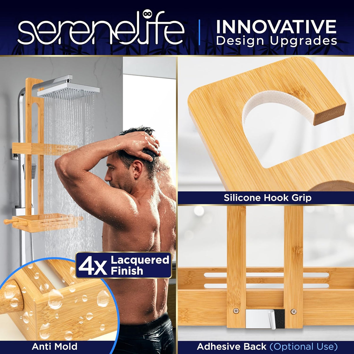 SereneLife Carrito de ducha colgante de bambú con 2 niveles