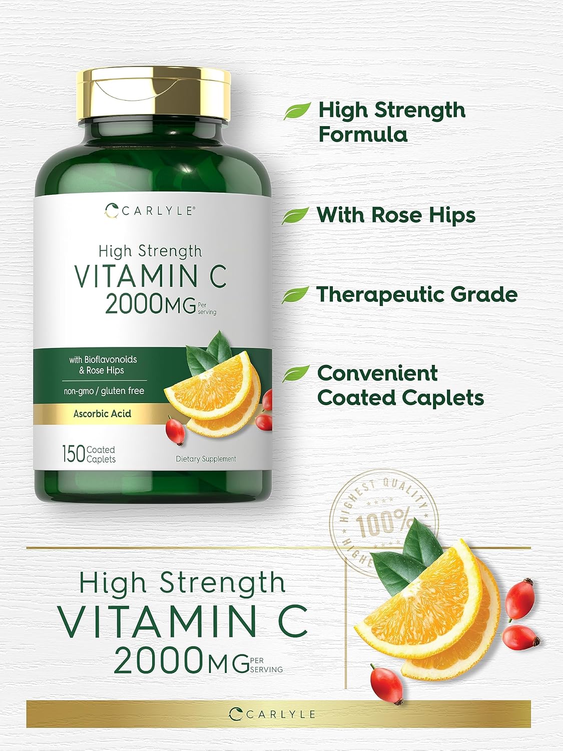 Carlyle Vitamina C 2000mg con Rosa Hips 150 Cápsulas