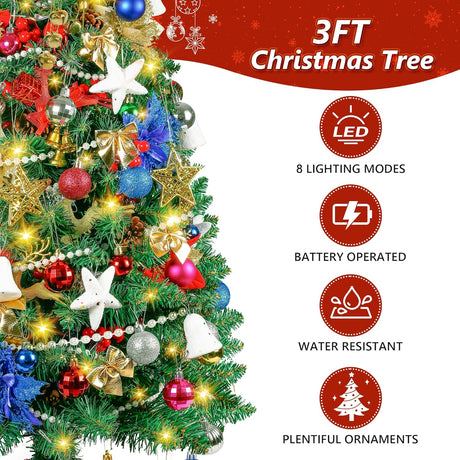Árbol de Navidad Artificial 3FT, 200 Ramas, 80 Luces LED