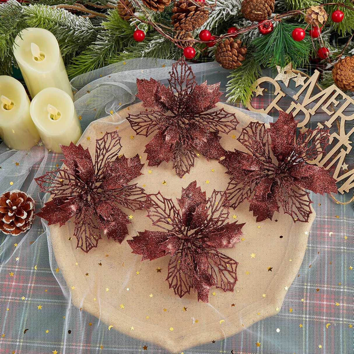 Flores Poinsettia Artificial 16 Pcs - Wironlst, Decoración Navidad