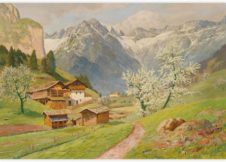 Adhesivo mural removible vibrante pueblo europeo de montaña.
