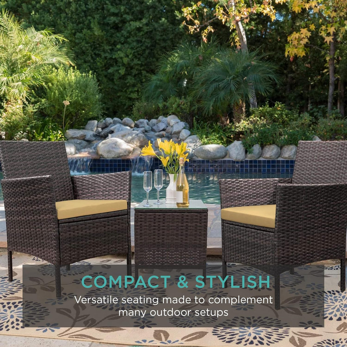 Best Choice Products Juego de 3 piezas de mimbre para exteriores, muebles de patio que ahorran espacio para patio, jardín con 2 sillas, 2 cojines, mesa de almacenamiento lateral, color marrón/bronceado