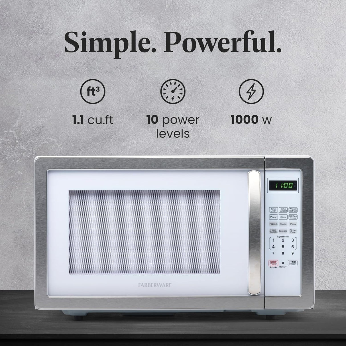 Microondas Farberware 1000W 1.1 cu ft, con bloqueo infantil