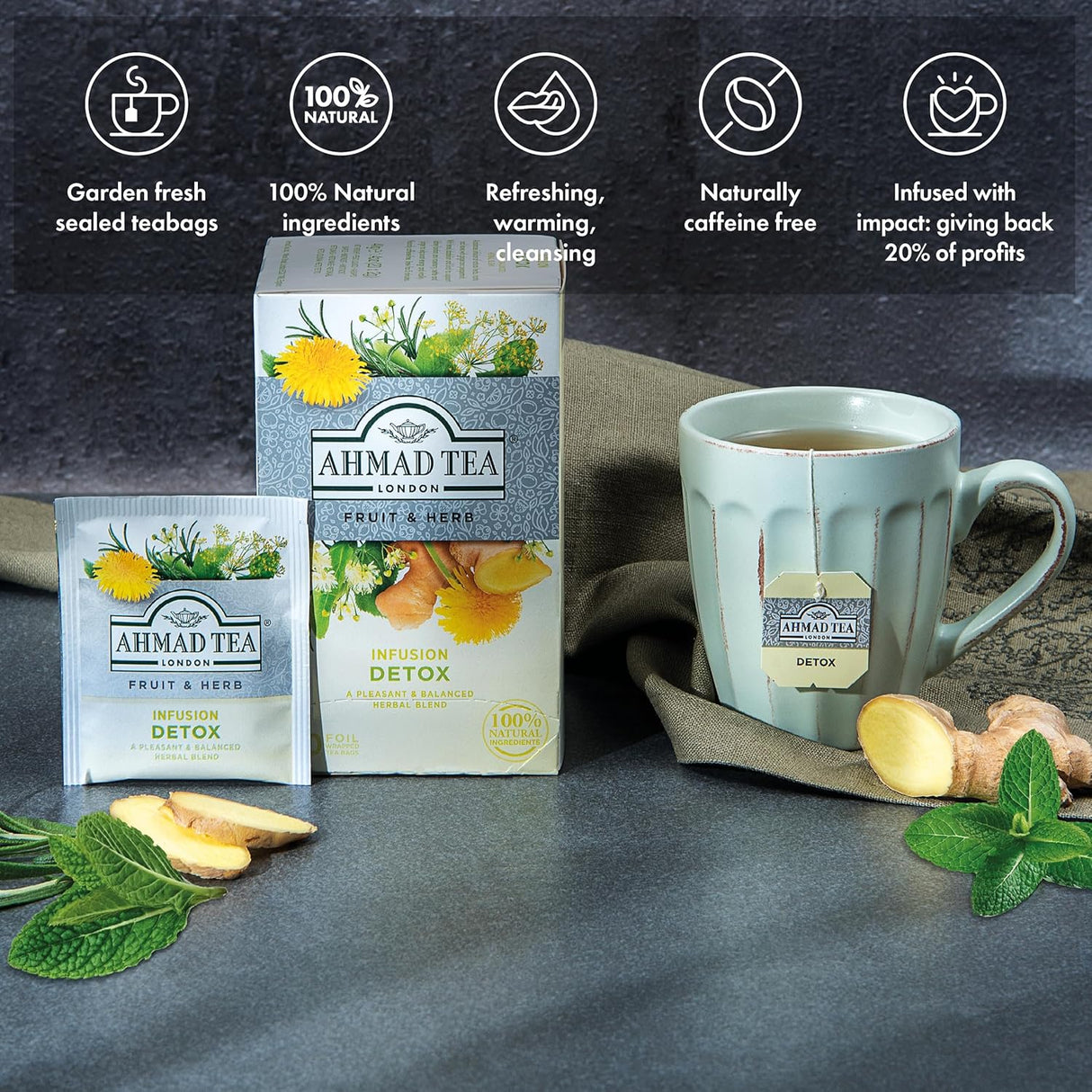 Ahmad Té Hierbas Detox, 20uds, Sin cafeína ni azúcar