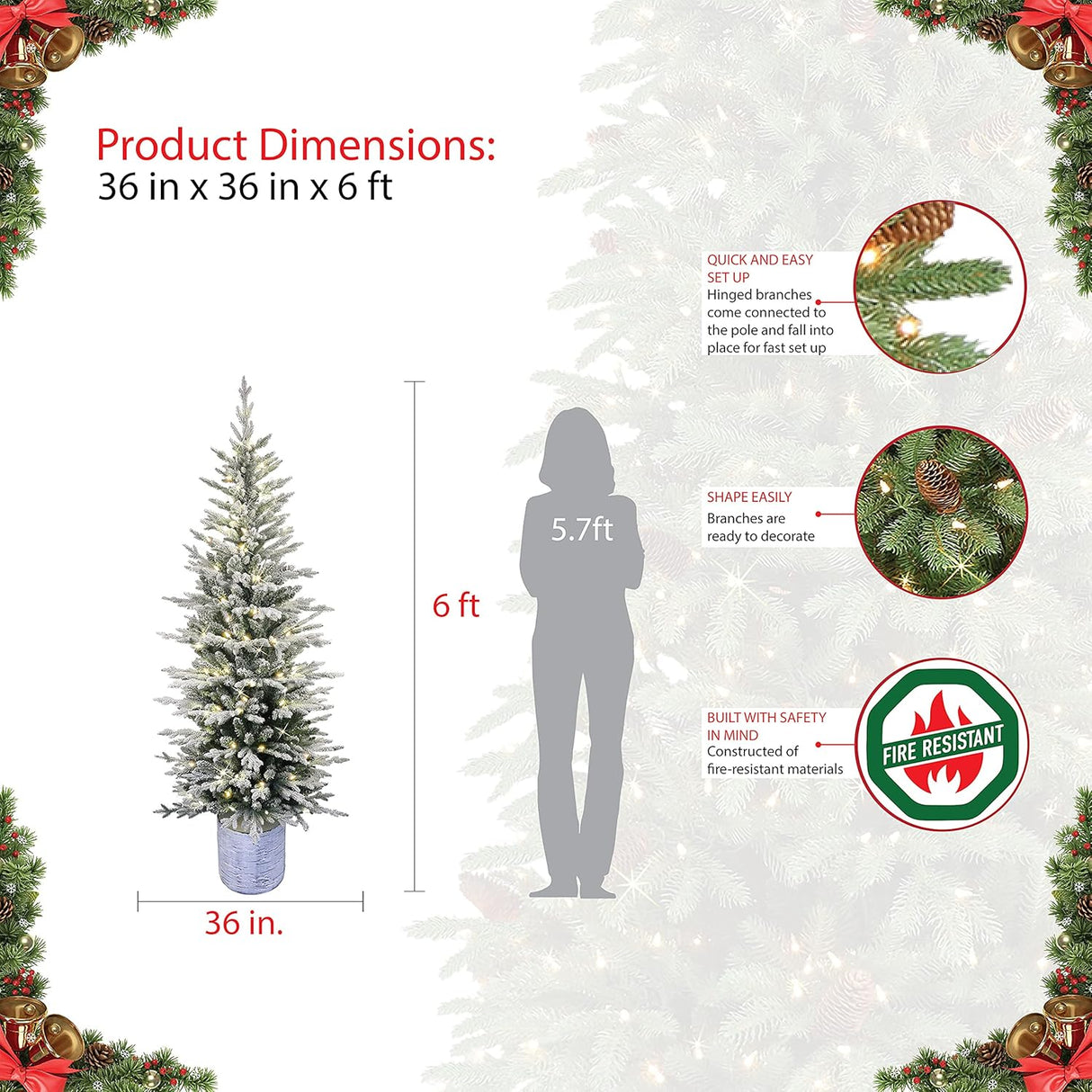 Árbol de Navidad artificial Puleo, Flocked, Pino Ártico, 301-PTO9760-60LW120