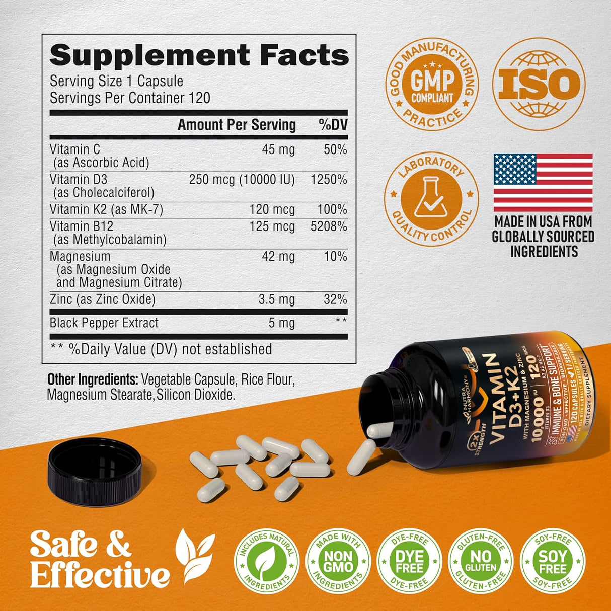 Vitamina D3 K2 120 cápsulas, soporte inmuno, huesos, USA