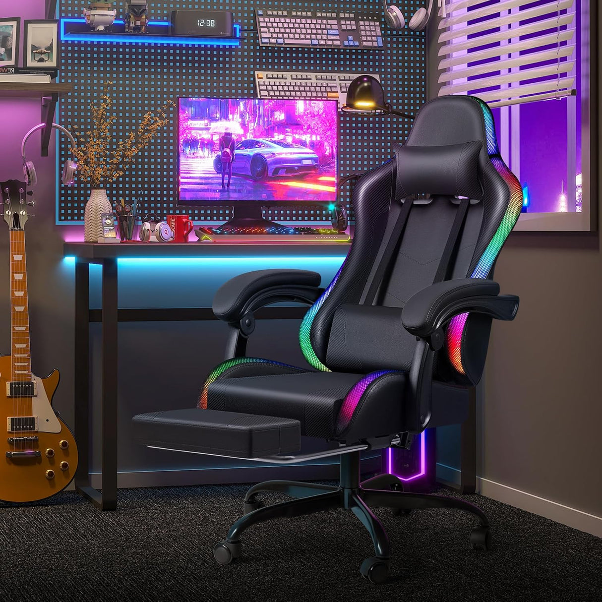 Silla de juegos ergonómica con reposapiés y soporte lumbar