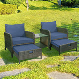 LEVELEVE Balcony Furniture - Juego de 5 piezas para conversación de patio, sillas de mimbre de polietileno para exteriores con cojines suaves, 2 otomanas y mesa de cristal para porche, mimbre marrón
