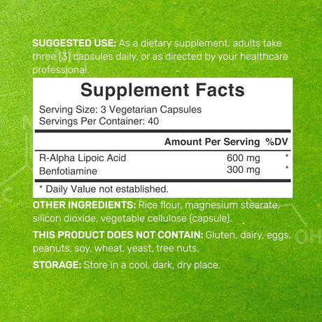 Suplemento Ácido alfa lipoico 600 mg con benfotiamina 300 mg