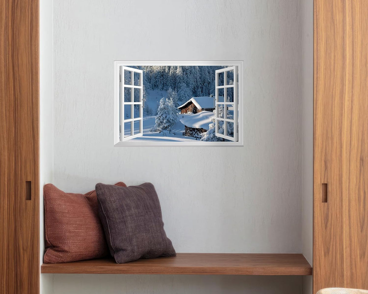 Adhesivo de pared falso para ventana, mural de pared de casa de invierno para decoración de pared, calcomanías de pared para pegar y despegar, 24 x 16 pulgadas