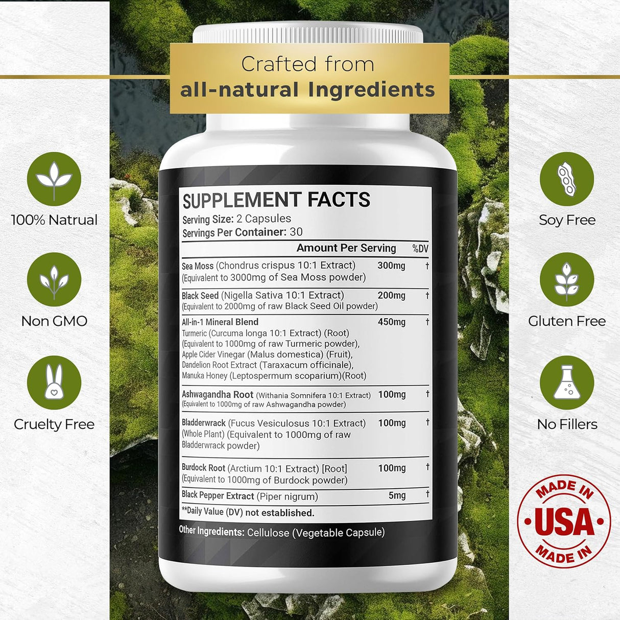 Suplemento de Sea Moss y Aceite de Semilla Negra con Ashwagandha, Miel, ACV y más - 120 cápsulas