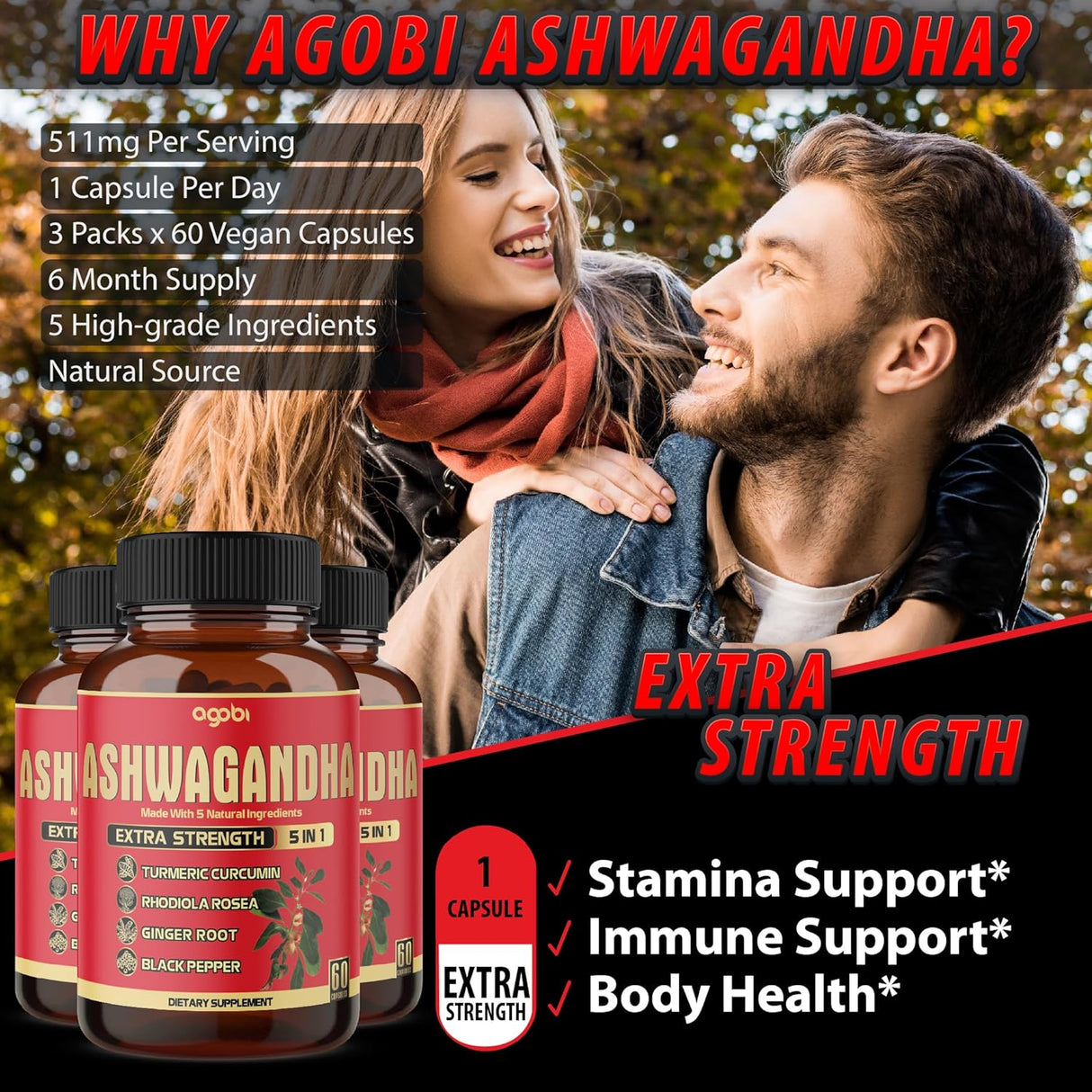 Suplemento de Ashwagandha 5200mg - 3 Paquetes 60 Cápsulas