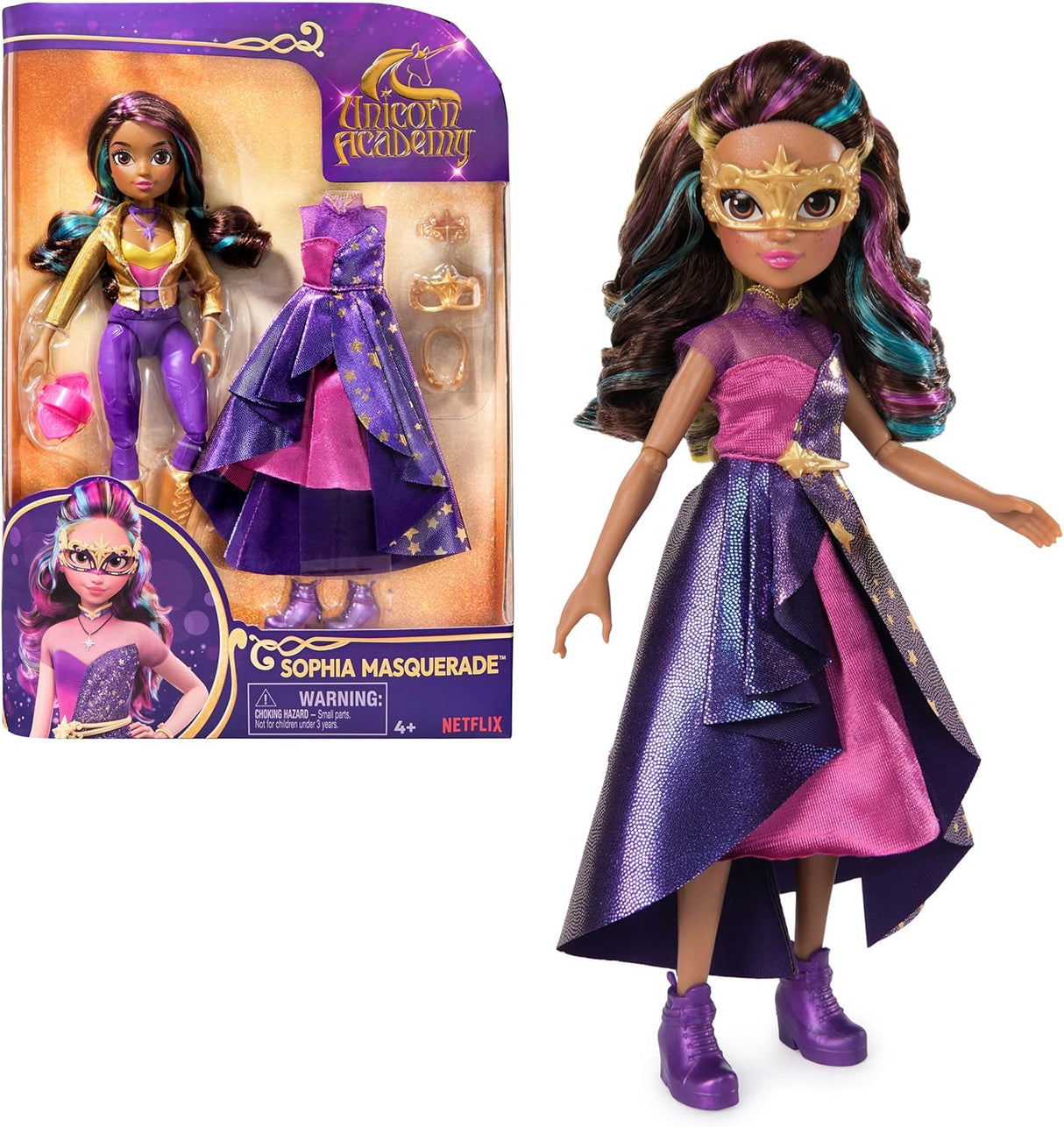Muñeca Unicorn Academy, Sophia con 9 Accesorios, 9.5”