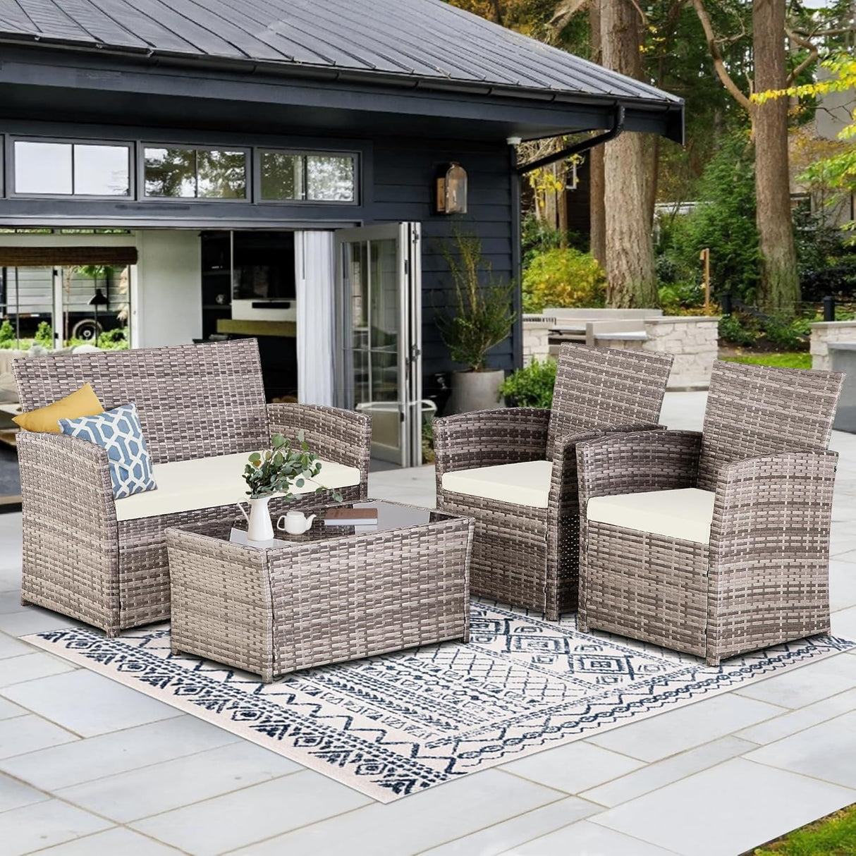 Seogwisam Juego de muebles de patio de 4 piezas, juegos de conversación de mimbre para exteriores, sofá seccional de ratán con mesa de café, cojines de asiento para patio trasero, porche, jardín,