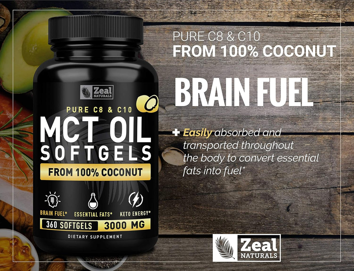 Suplemento de aceite MCT puro  360 cáp  3000 mg energía Keto