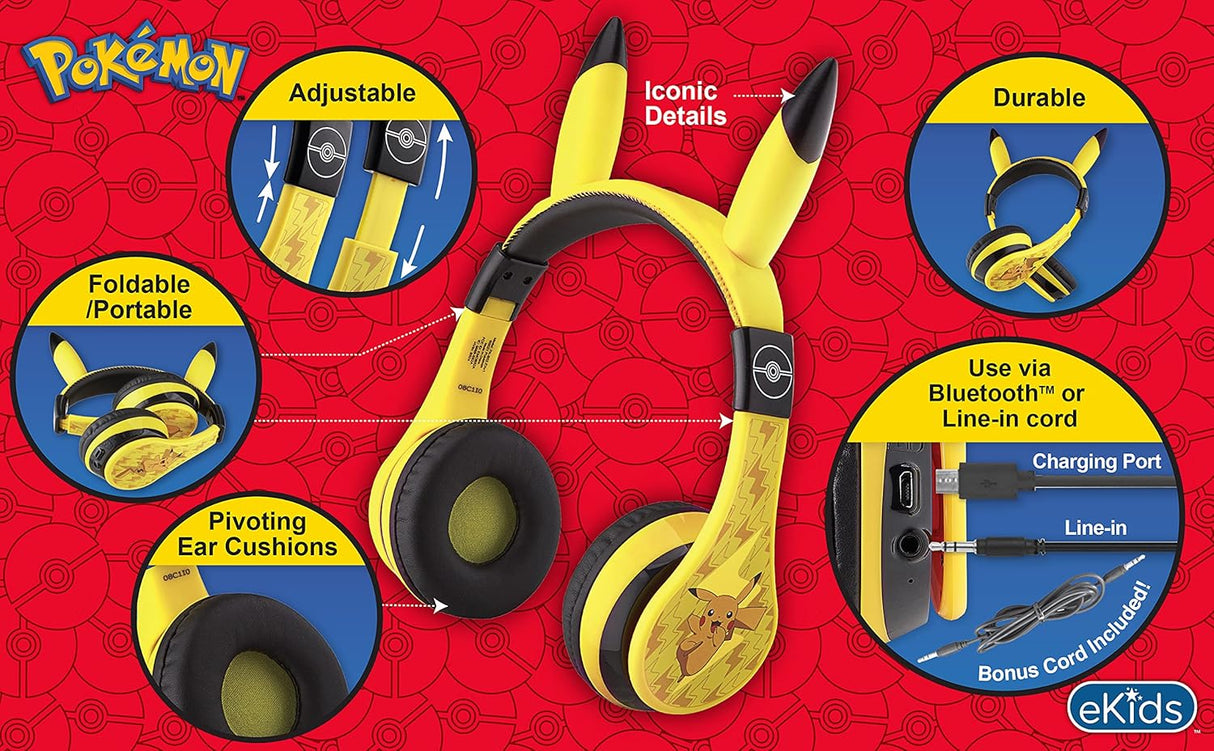 Auriculares Bluetooth eKids Pokémon para Niños, Plegables y Seguros