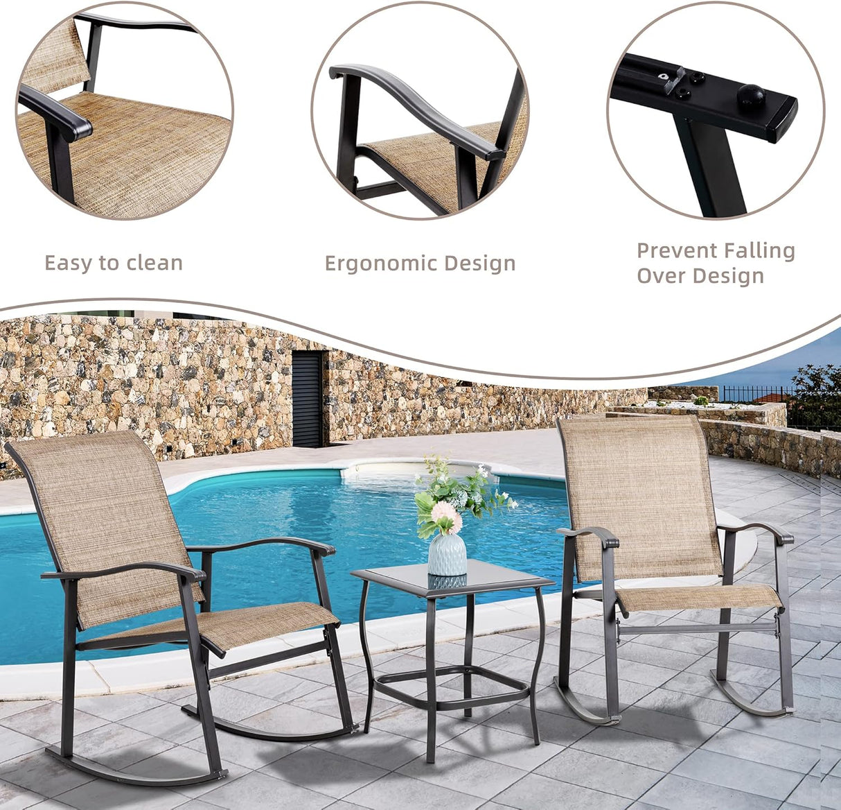 Vongrasig Juego de 3 piezas de muebles de patio pequeños de tela textileno, juego de muebles de patio pequeños, juego de conversación con mesa de vidrio para césped, jardín, balcón, junto a la piscina (marrón)