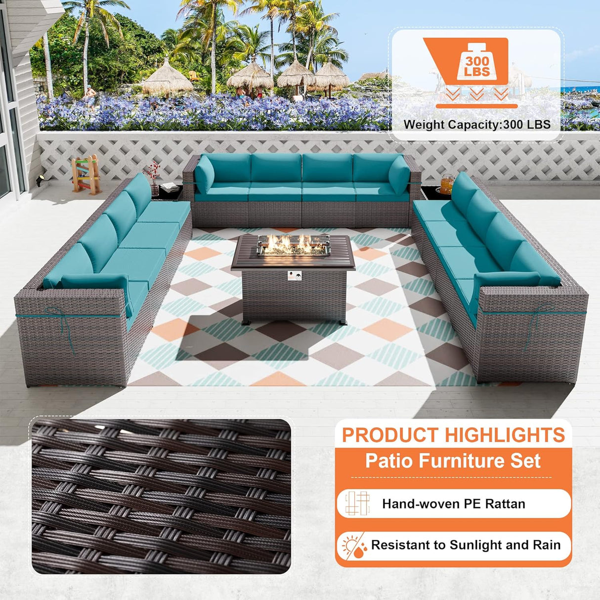 ALAULM Juego de 15 muebles de patio al aire libre con mesa para fogata de propano, juegos de sofás seccionales para exteriores, muebles de patio, fogata de gas de 43 pulgadas, juego de conversación de ratán de polietileno marrón con 12 cojines (azul)