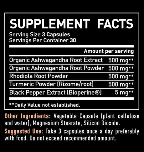 Suplemento Ashwagandha Complex  + rodiola rosa + cúrcuma 90u