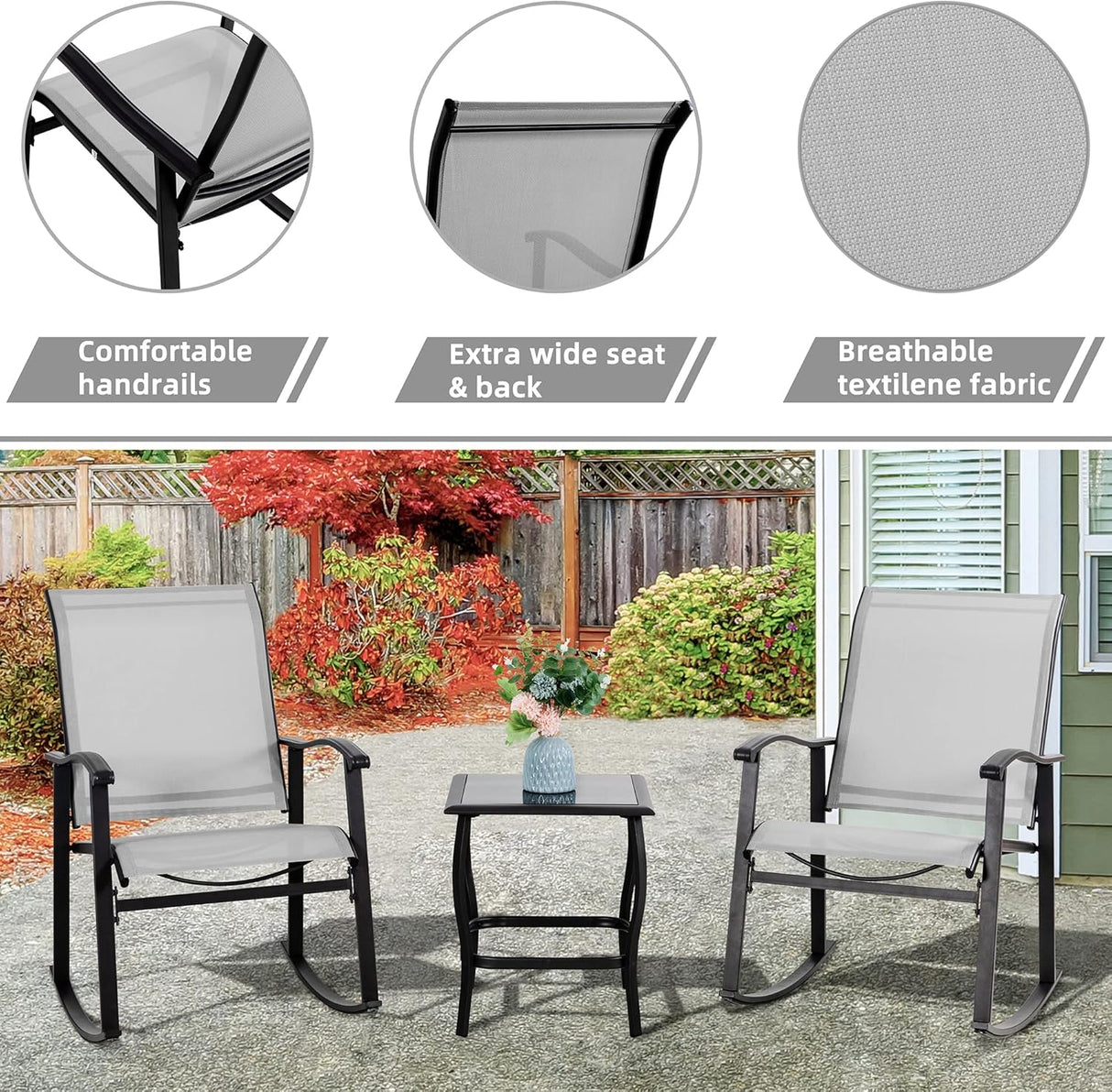 Vongrasig Juego de 3 piezas de muebles de patio pequeños de tela textileno, juego de muebles de patio pequeños, juego de conversación con mesa de vidrio para césped, jardín, balcón, piscina (gris claro)