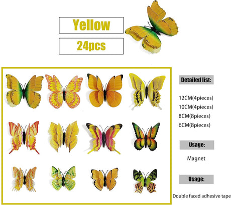 Decoración de Pared Mariposas 3D, 24 Pcs, Magnéticas, Removibles