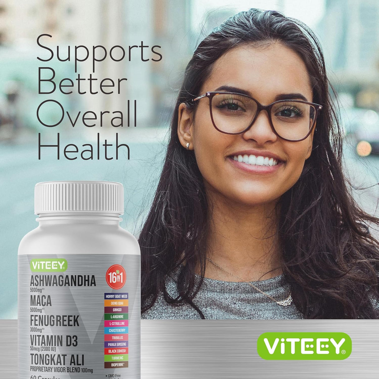 Viteey Ashwagandha 5000mg, Maca, Fenugreek, D3, Tongkat 60 cápsulas