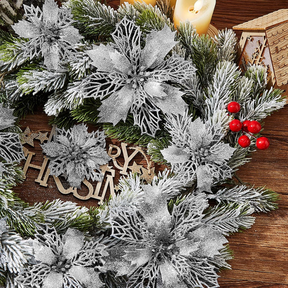 Flores Poinsettia Artificial 16 Pcs - Wironlst Decoraciones Navidad
