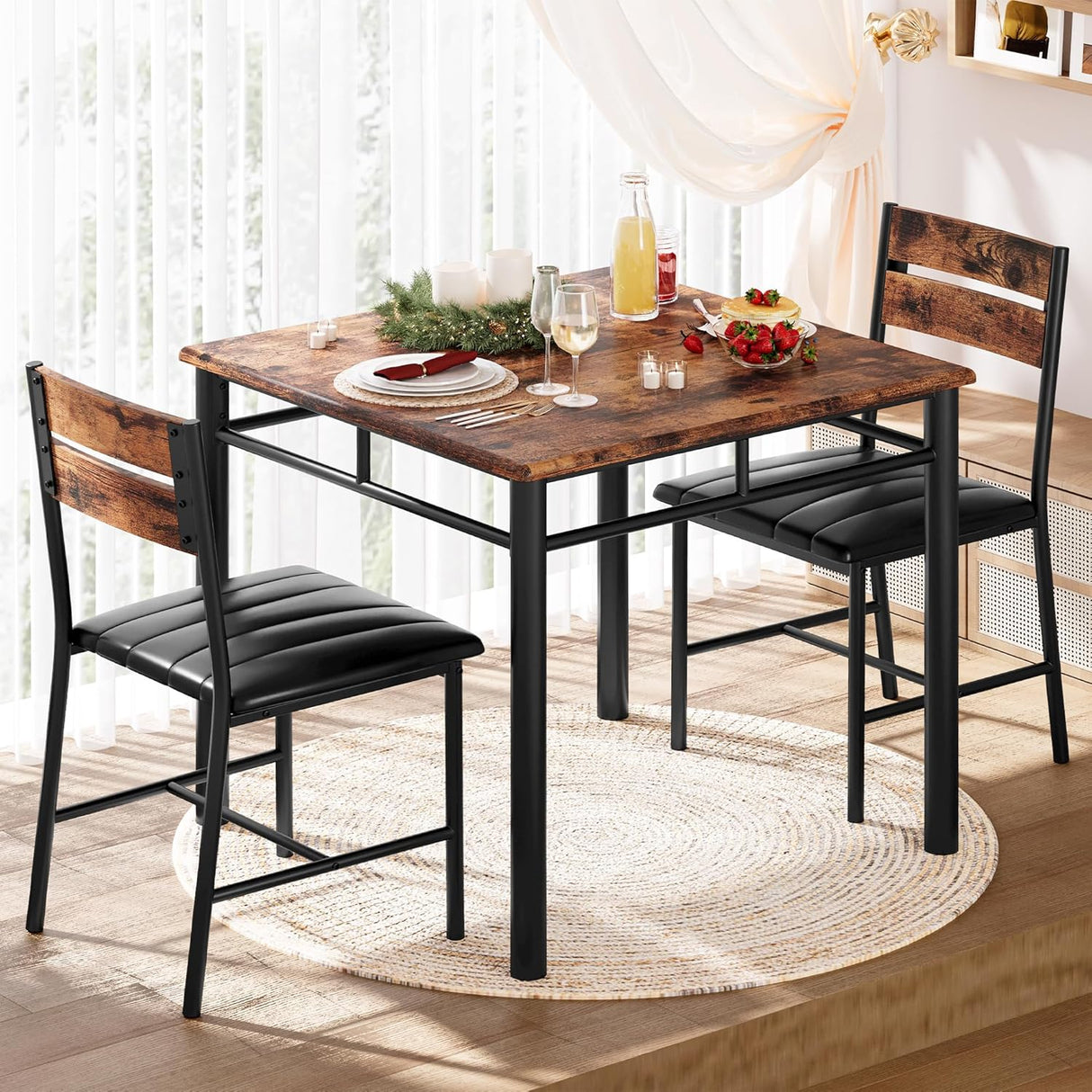 Juego de Mesa de Comedor para 2, Mesa y Sillas Tapizadas