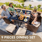 Devoko Juego de comedor para patio al aire libre, sillas de ratán con mesa de cristal para patio, conjunto de muebles acolchados de limpieza y respaldo con conversación seccional.