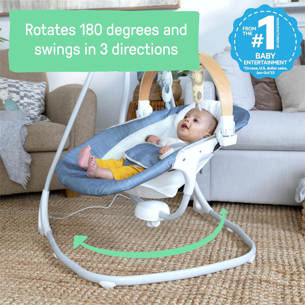 Ingenuity SimpleComfort - Columpio compacto relajante, barra de juguetes giratoria, asiento giratorio, 6 velocidades, para edades de 0 a 9 meses, hasta 20 libras, color cambray