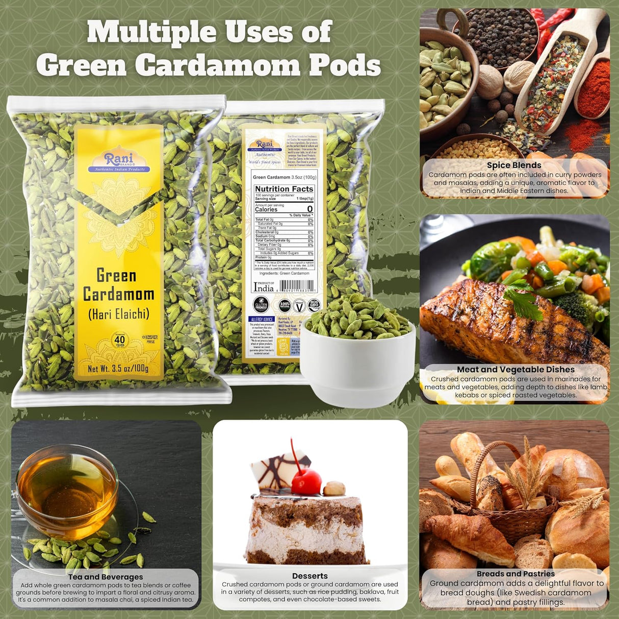 Rani Cardamomo Verde Natural Vegano 3.5oz Hari Elachi