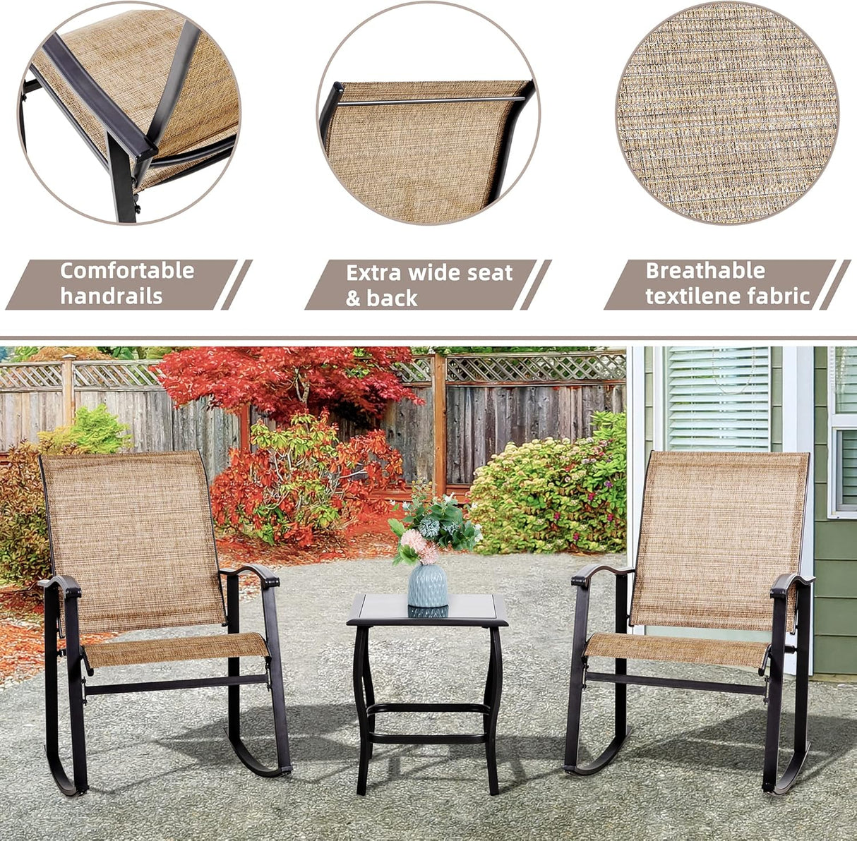 Vongrasig Juego de 3 piezas de muebles de patio pequeños de tela textileno, juego de muebles de patio pequeños, juego de conversación con mesa de vidrio para césped, jardín, balcón, junto a la piscina (marrón)