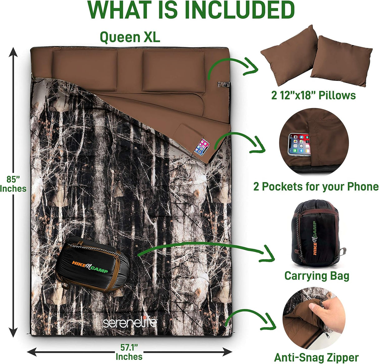 Saco de dormir doble SereneLife, impermeable y ligero, 5-10°F