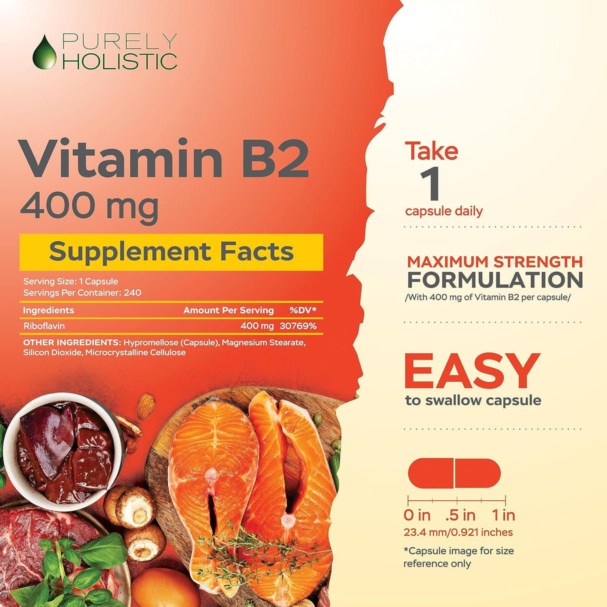 Vitamin B2 Holístico Purely, 400mg, 240 cápsulas veganas
