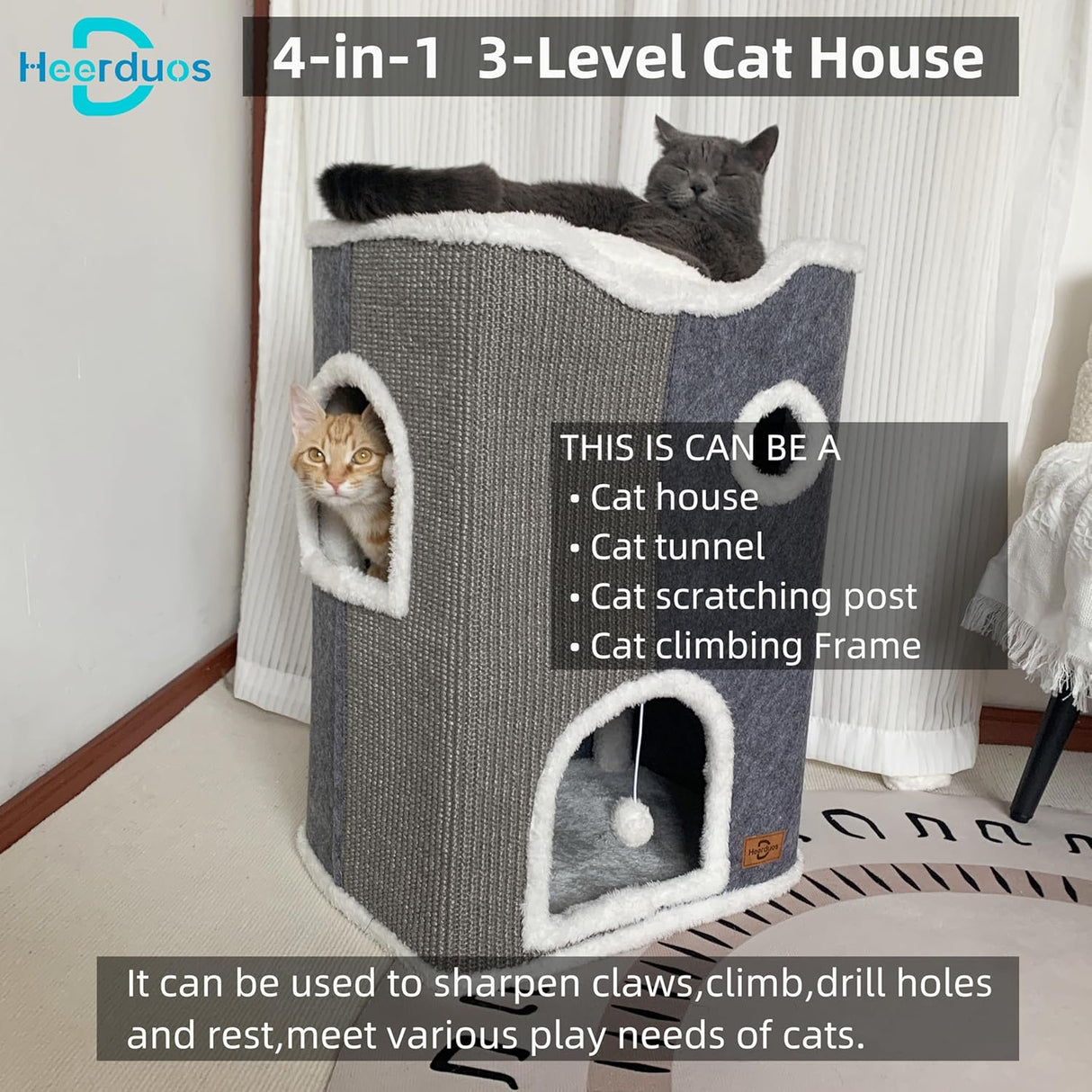 Casa de gato de 3 niveles, moderno, con rascador y cueva