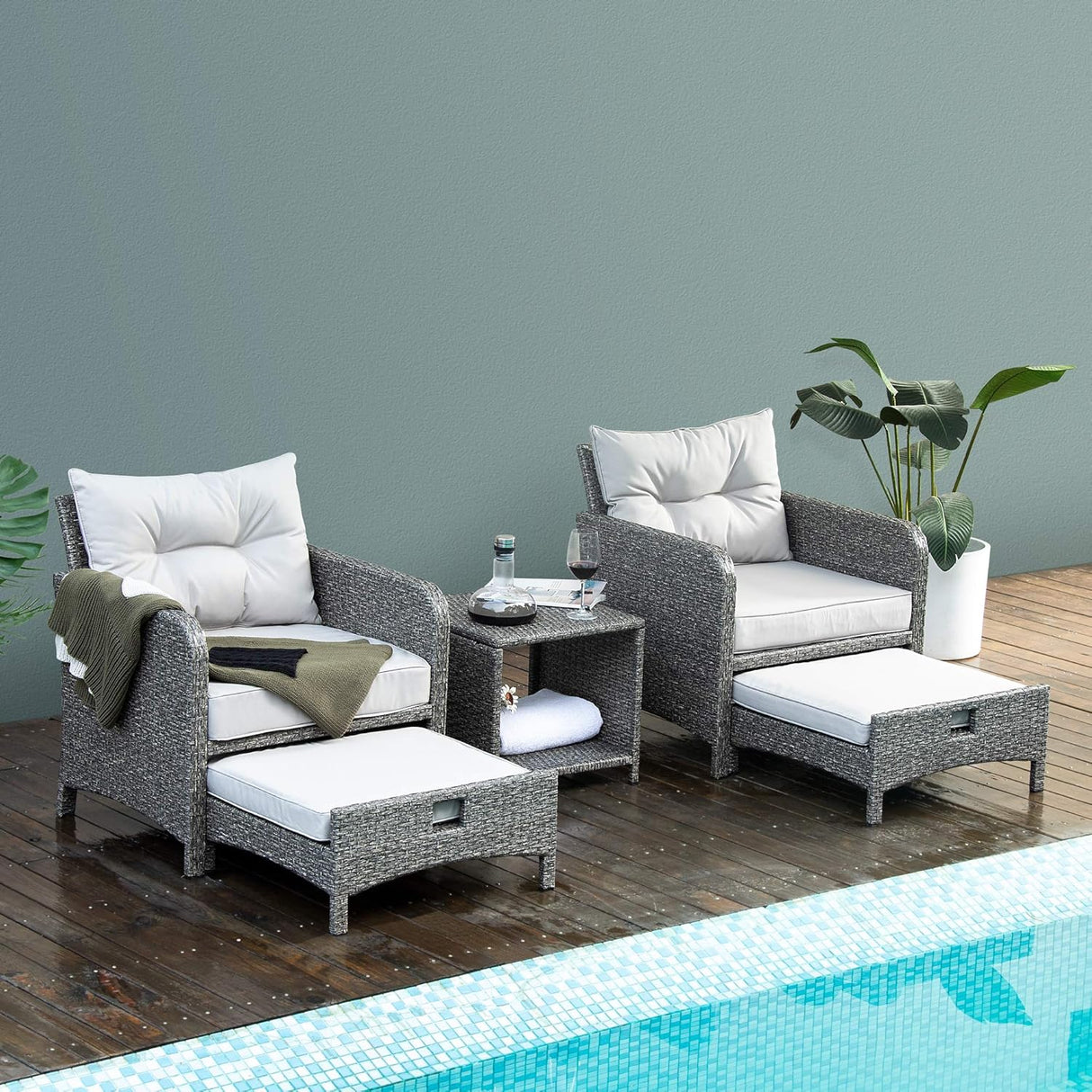 Pamapic Juego de 5 sillas de mimbre para patio al aire libre con otomana. Juego de muebles de conversación exterior con cojines y café para balcón, porche, césped, mesa de jardín (cojín gris + ratán gris claro)