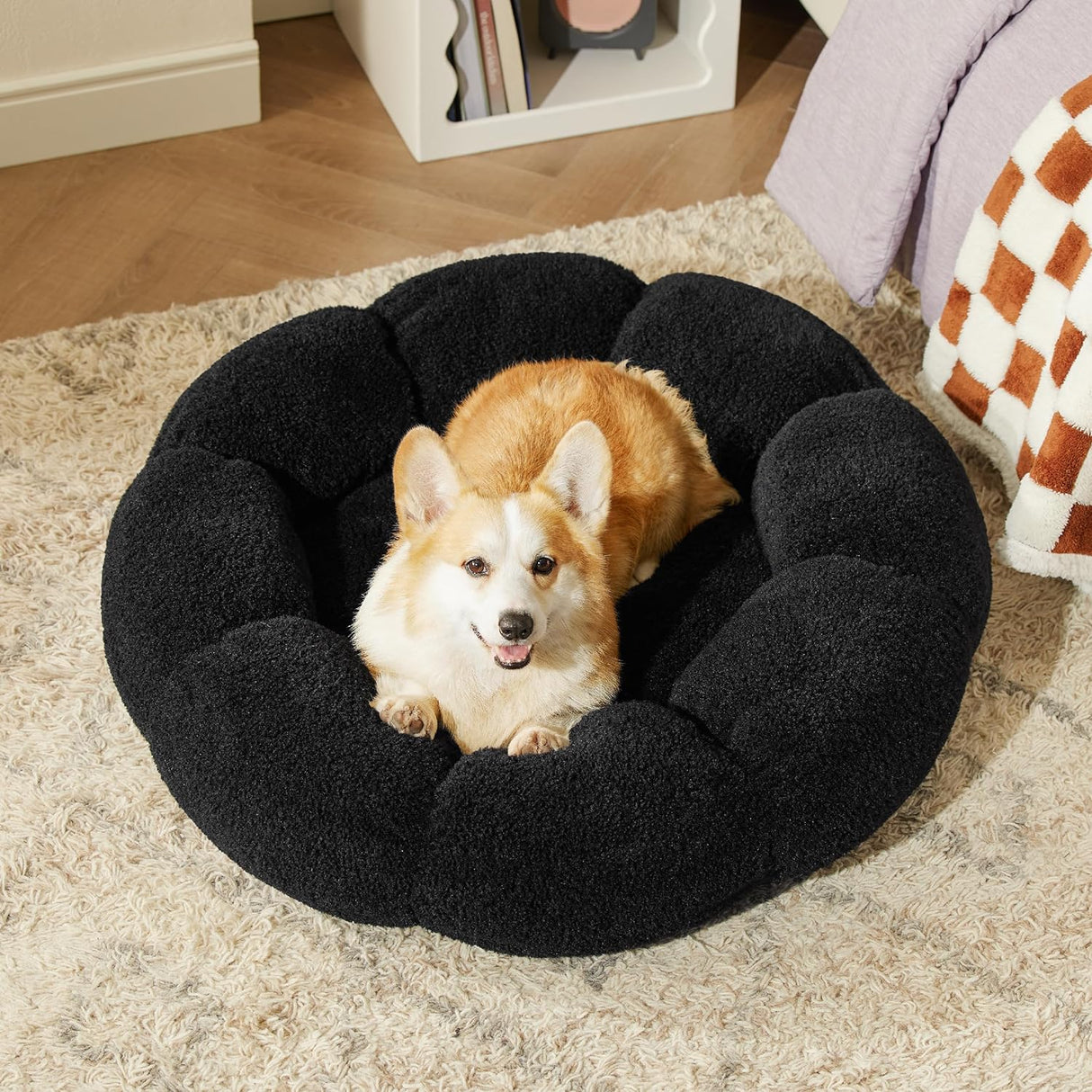Cama grande calmante para perros de dona de flores en sherpa