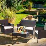 Greesum Muebles de patio de 4 piezas para conversación al aire libre, sillas de mimbre para jardín, balcón, porche, sofá biplaza junto a la piscina con cojín y mesa de cristal, negro y beige