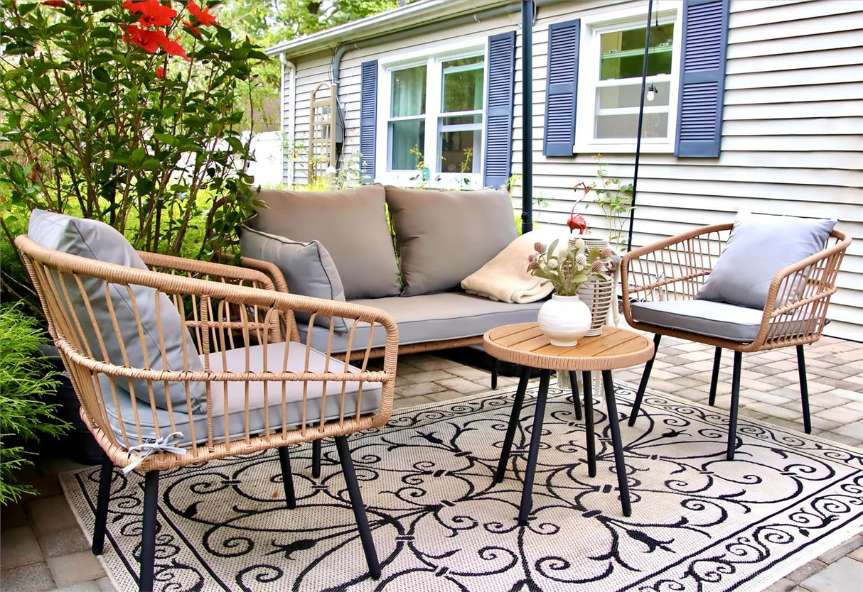 YITAHOME Juego de muebles de patio de 4 piezas, juego de mimbre para balcón, juego de conversación de ratán para todo tipo de clima, con sillas de dos plazas, cojines suaves para patio, piscina, cubierta, jardín, gris
