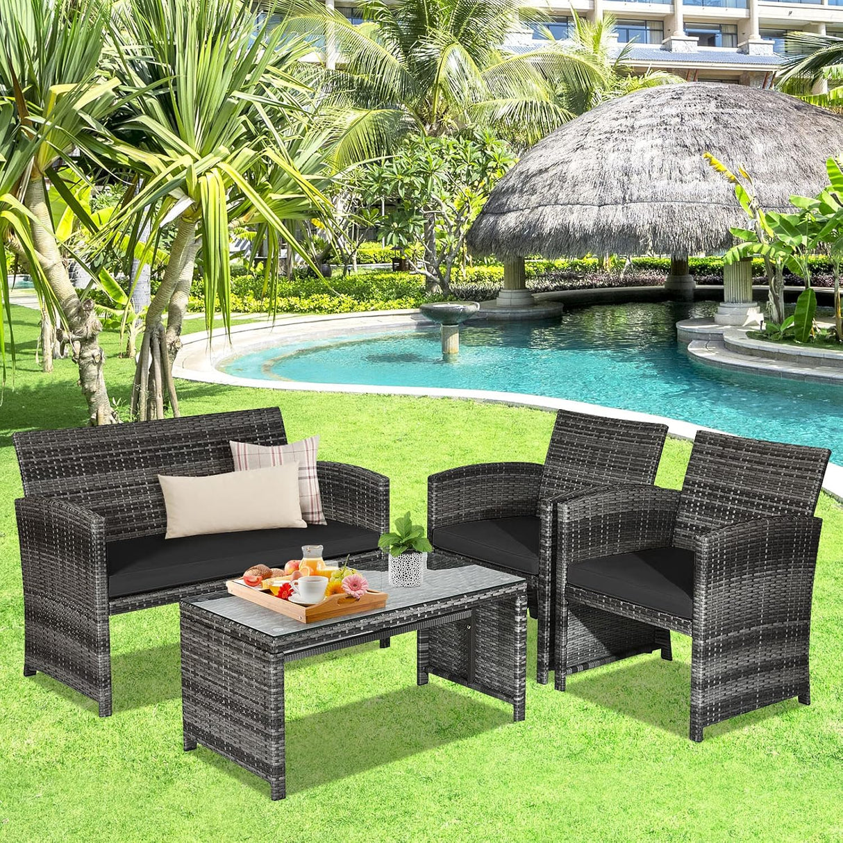 Goplus Juego de muebles de ratán de 4 piezas, sofá de conversación de mimbre para exteriores con cojines resistentes a la intemperie y mesa de vidrio templado para césped, patio, piscina, jardín (negro)