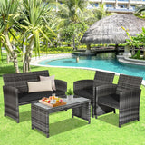 Goplus Juego de muebles de ratán de 4 piezas, sofá de conversación de mimbre para exteriores con cojines resistentes a la intemperie y mesa de vidrio templado para césped, patio, piscina, jardín (negro)